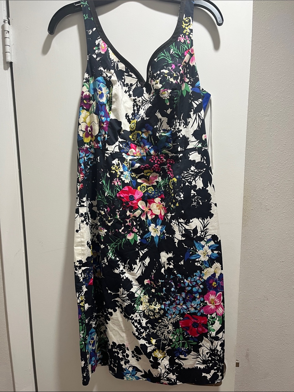 Black & White Floral V-Neck Sundress with Colorful Blooms